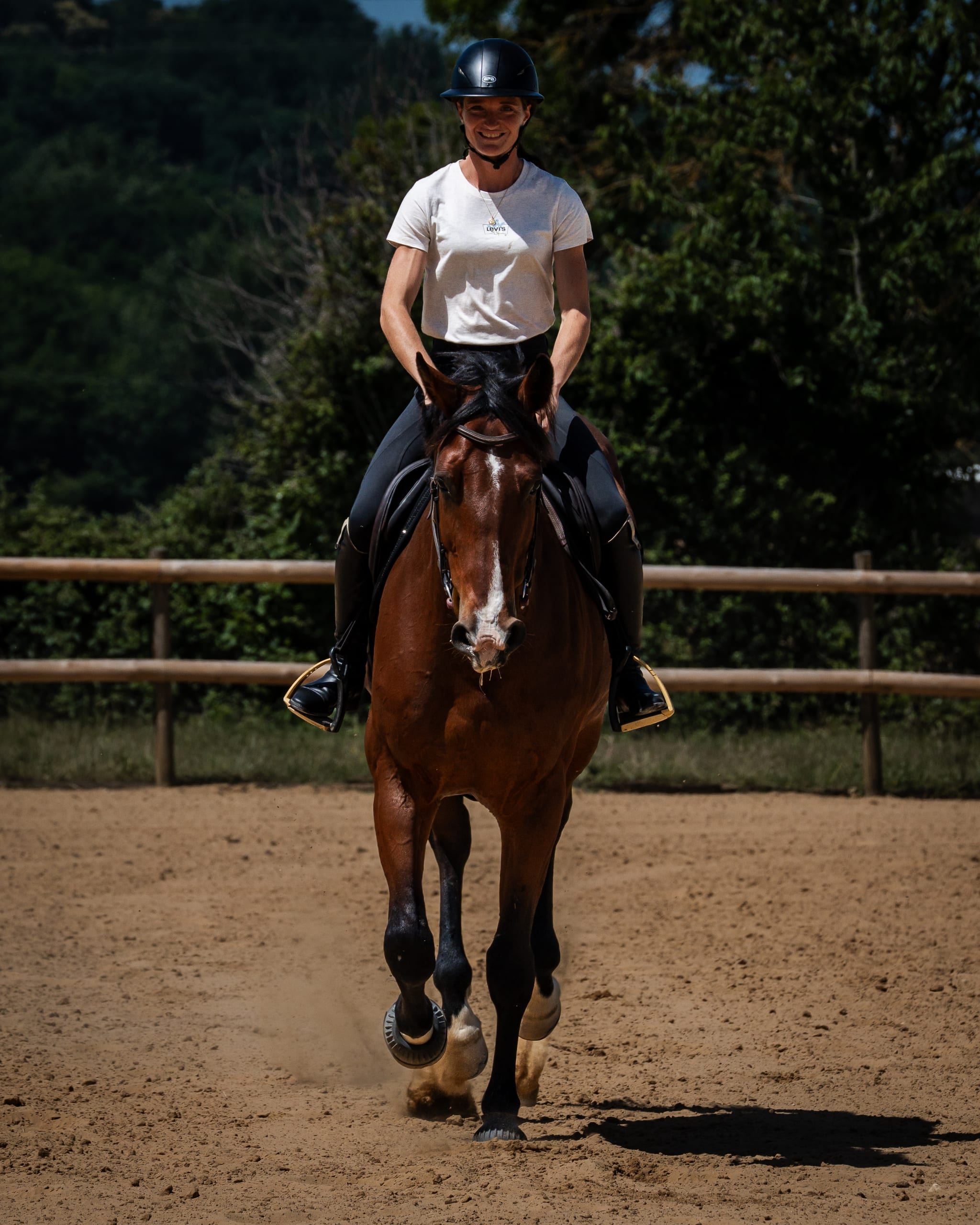 Cavalière au trot dans la carrière
