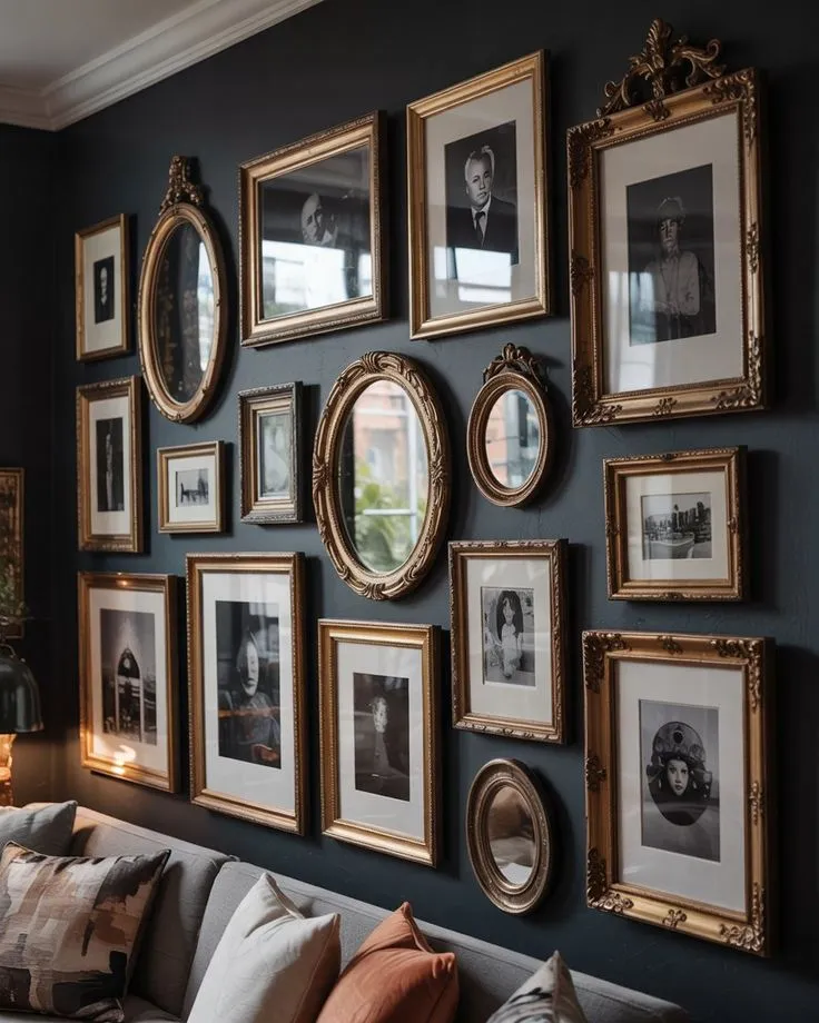Le mur d'atelier : mes photos en cadres vintage chinés