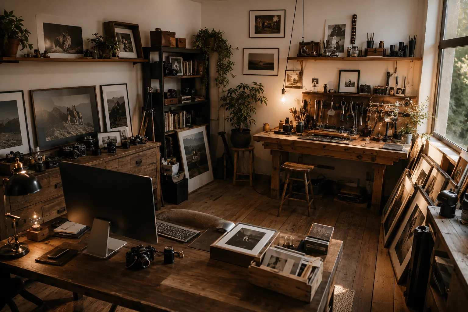Le bureau de l'atelier, mur de cadres et tirages